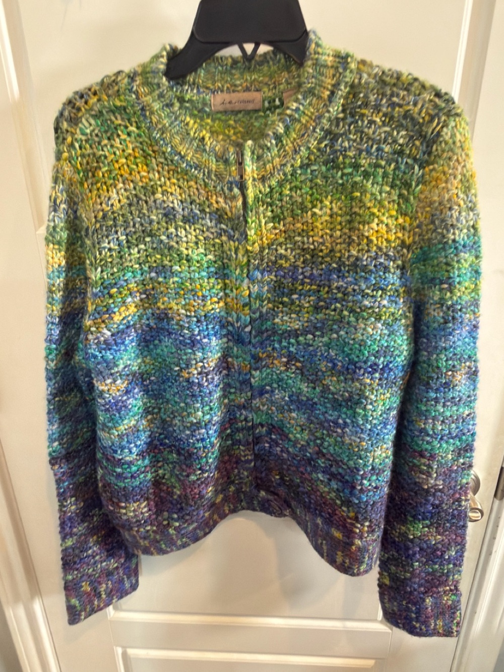 Multicolor Textured Zip Cardigan Sweater - Blue & Green